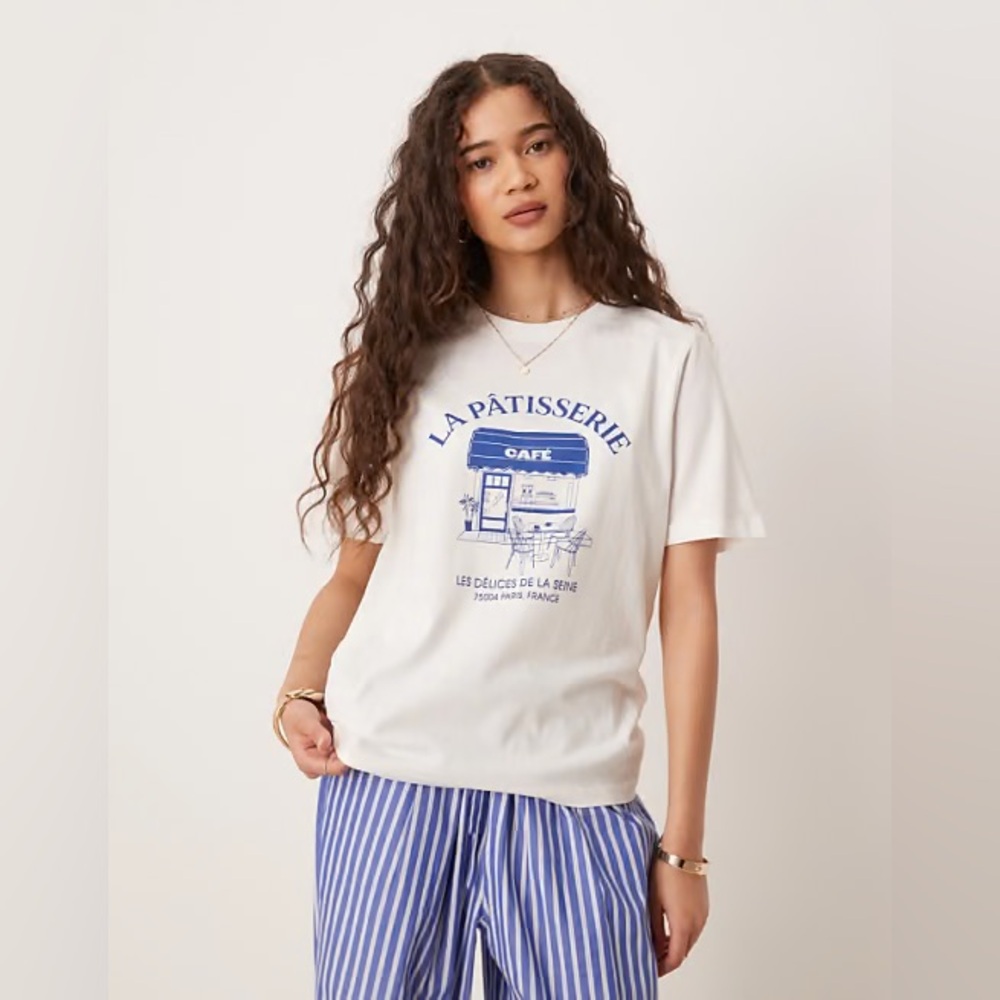 Mango White Tee with Blue Graphic